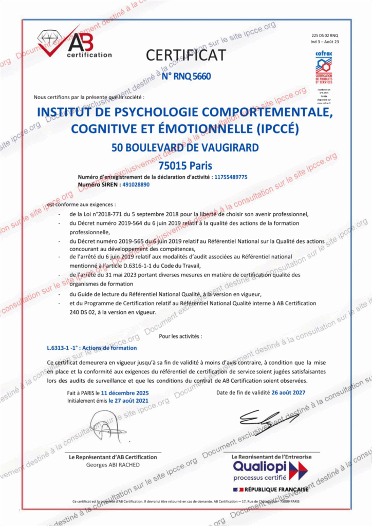 Copie du certificat Qualiopi de l'IPCCÉ valable jusqu'au 26 août 2027